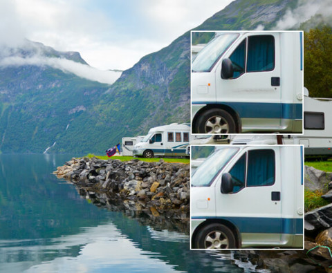 Herstel van profielschade aan camper zonder spuitwerk, met zicht op voor en na resultaat in een bergachtig landschap