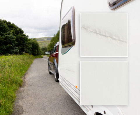 Caravan met zichtbare profielschade tijdens vakantie, met detail van herstel zonder spuitwerk
